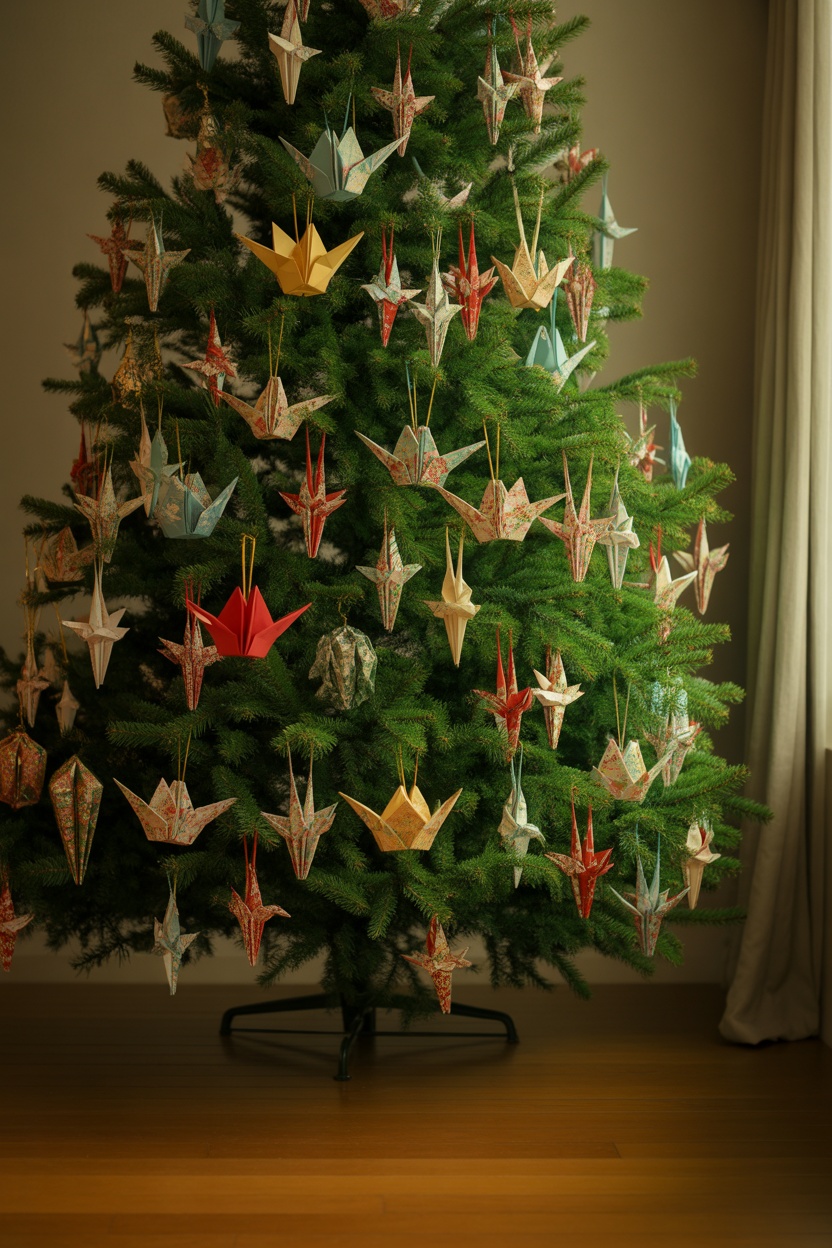 A Christmas tree decorated with colorful origami crane ornaments stands indoors on a wooden floor near a window with white curtains.