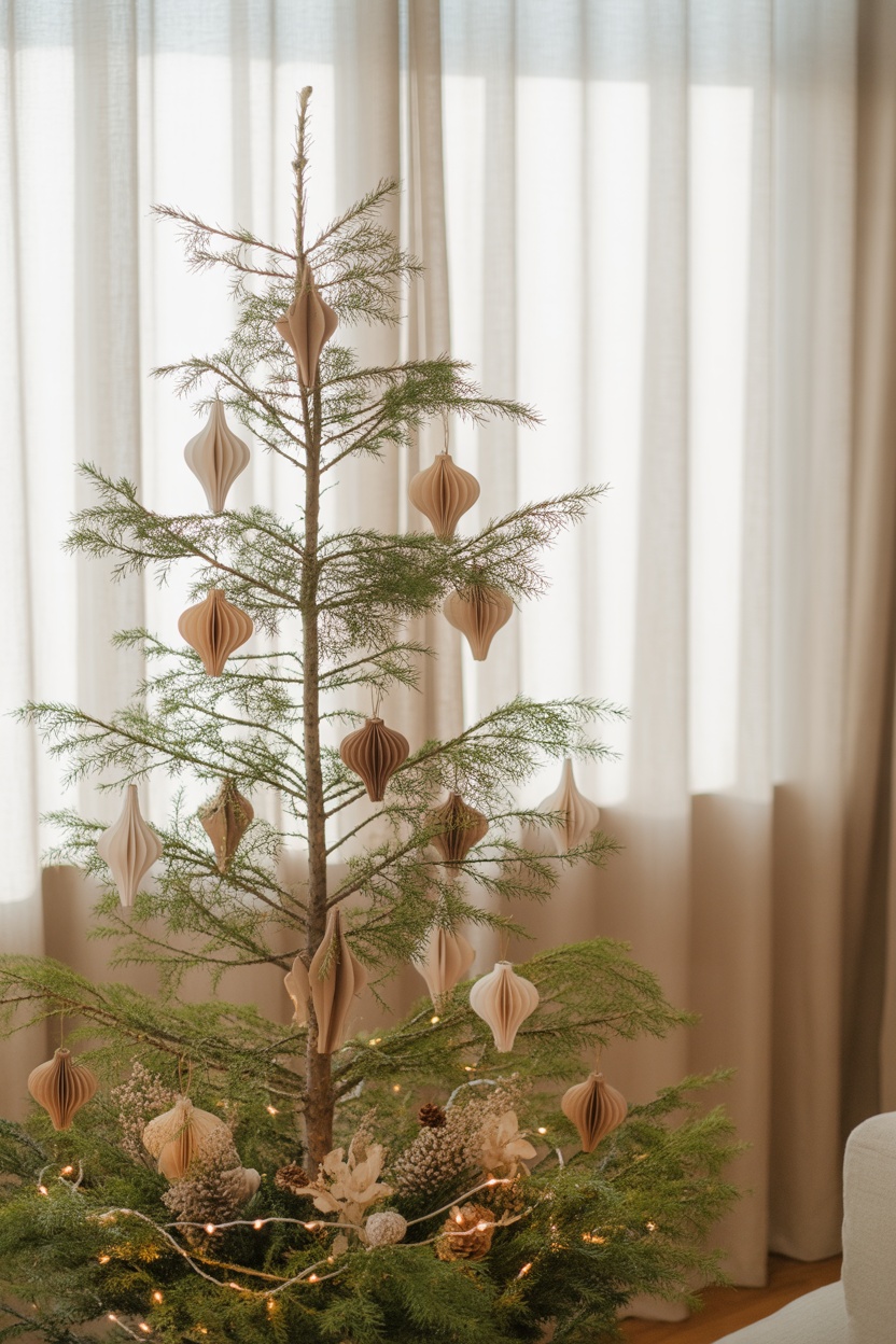A sparse Christmas tree decorated with paper ornaments and pinecones, with string lights at the base, stands in front of sheer curtains.