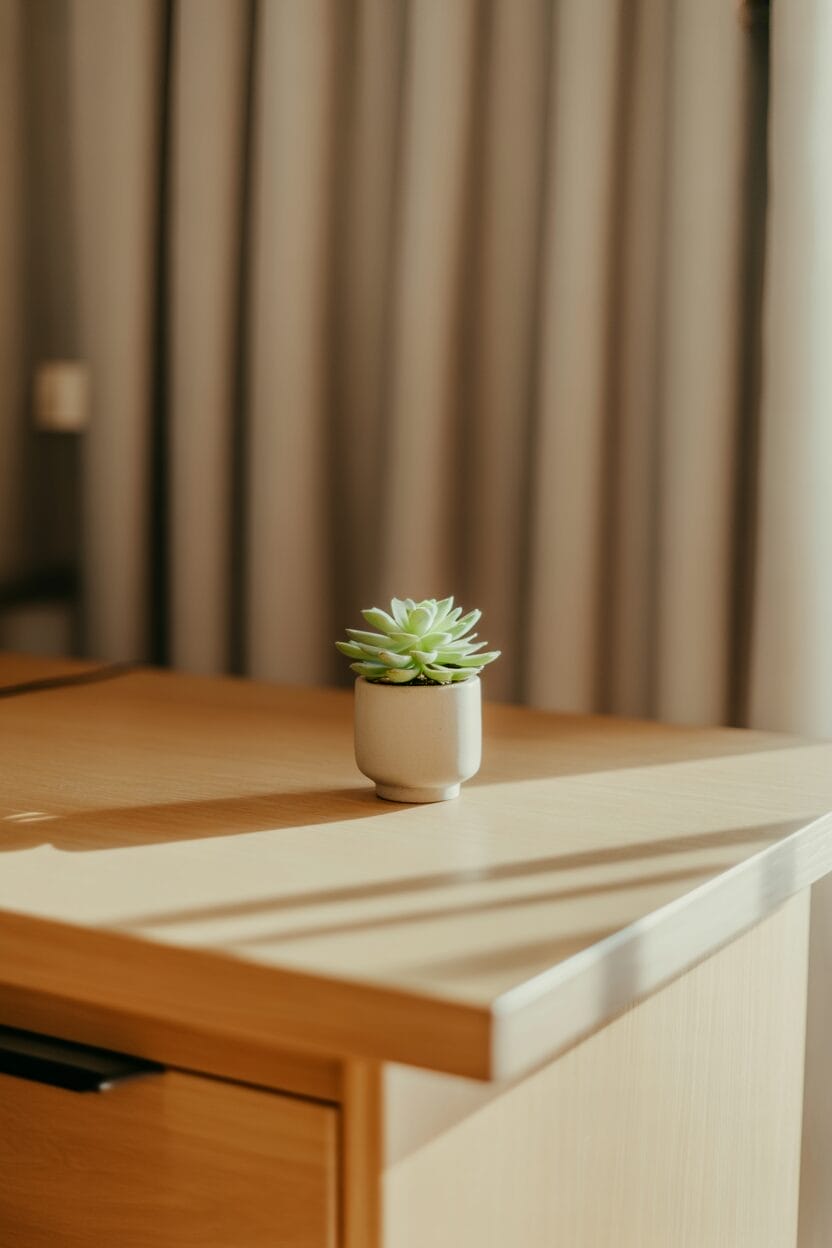 A small potted succulent sits on a light wooden table, with sunlight casting shadows across the surface.