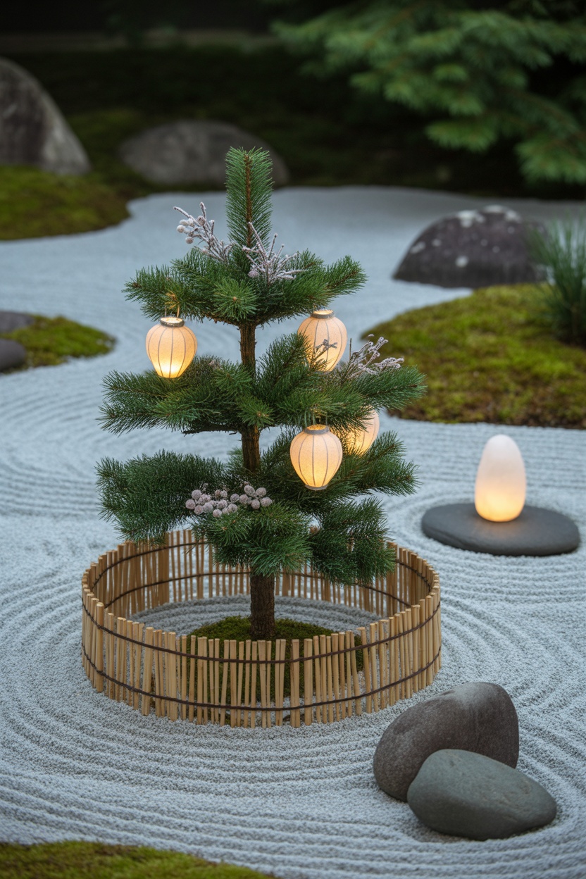 A small pine tree with lantern ornaments stands in a bamboo fence on raked gravel, surrounded by rocks and glowing lights in a Zen garden.