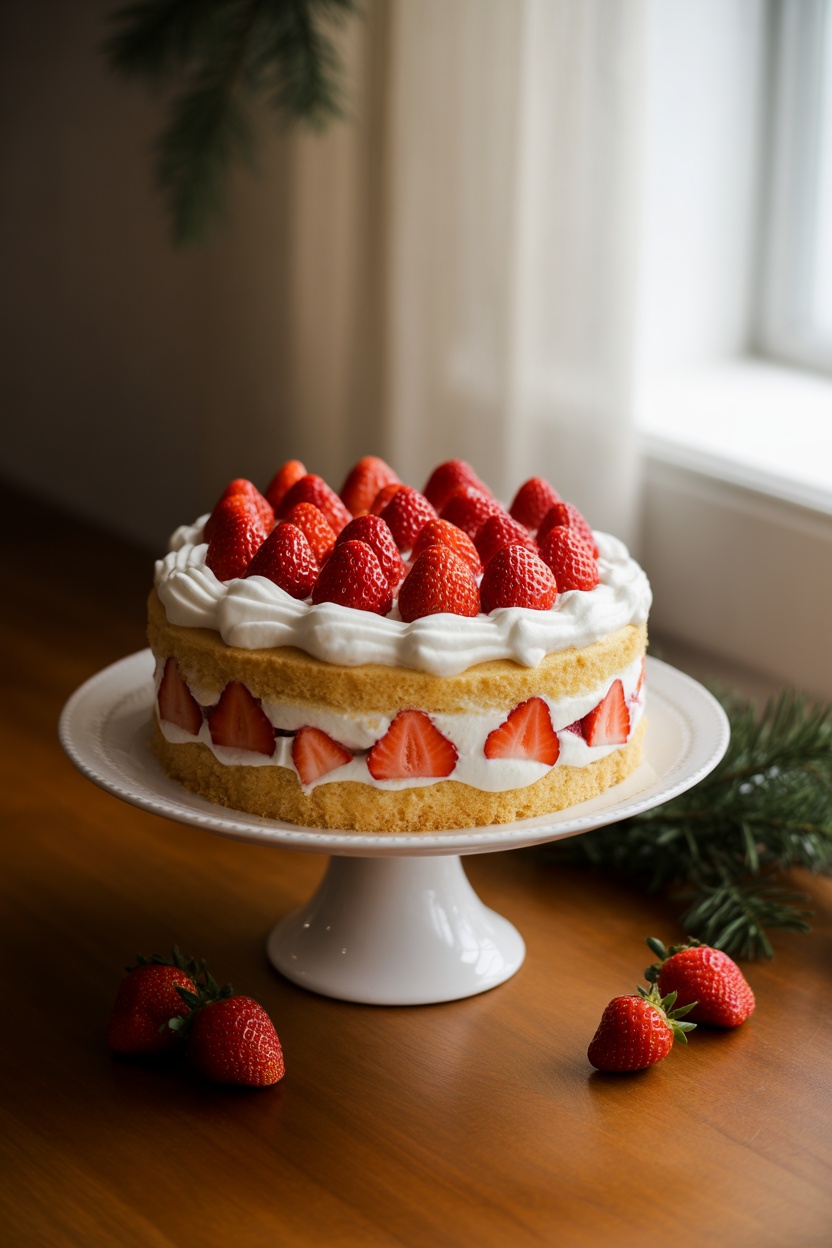 A sponge cake with whipped cream and fresh strawberries, both as filling and topping, displayed on a white cake stand near a window.