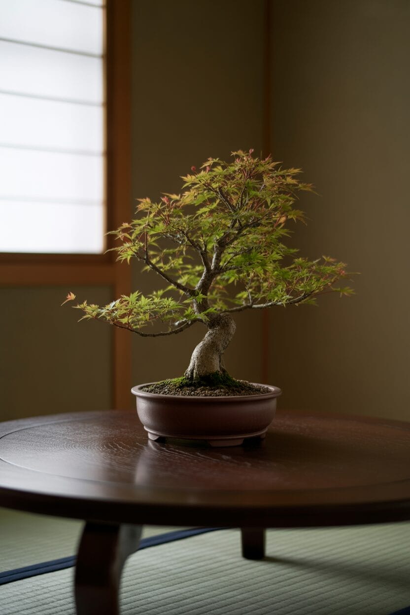 A bonsai tree with green and red leaves sits in a shallow pot on a round wooden table in a traditional room with soft natural light.