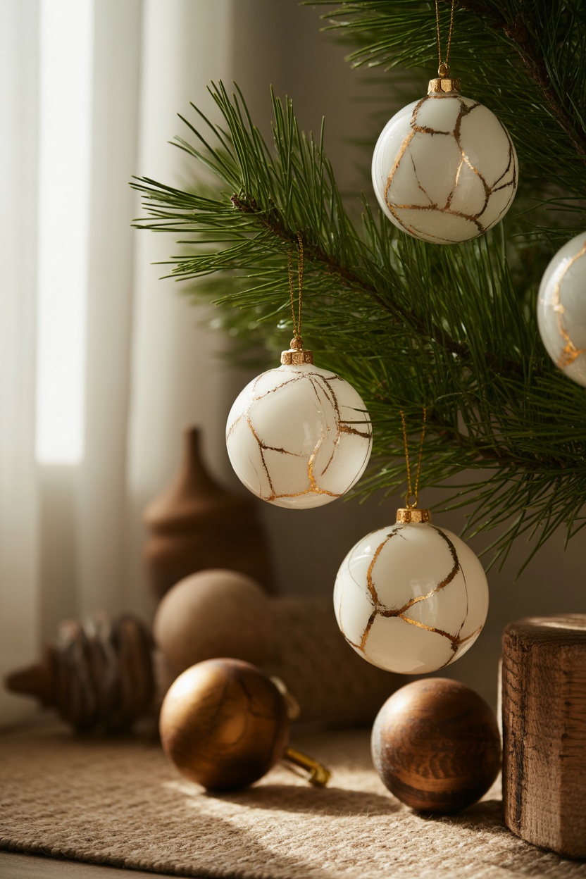 Close-up of a Christmas tree branch with white and gold marbled baubles, next to wooden ornaments on a beige surface in a softly lit room.