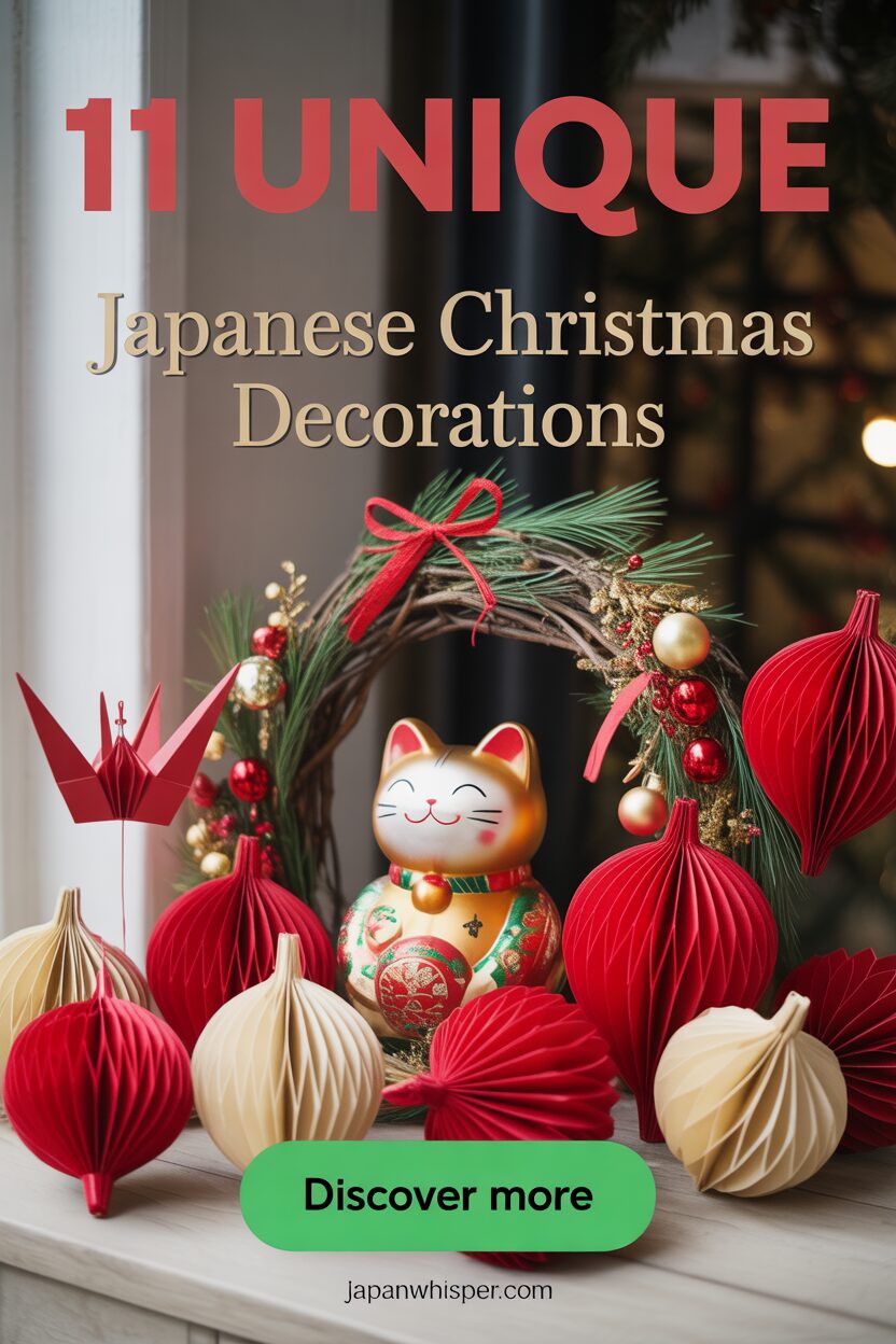 A festive display of Japanese Christmas decorations, including a lucky cat figurine, a wreath, and red and beige paper ornaments. Text reads: "11 Unique Japanese Christmas Decorations.