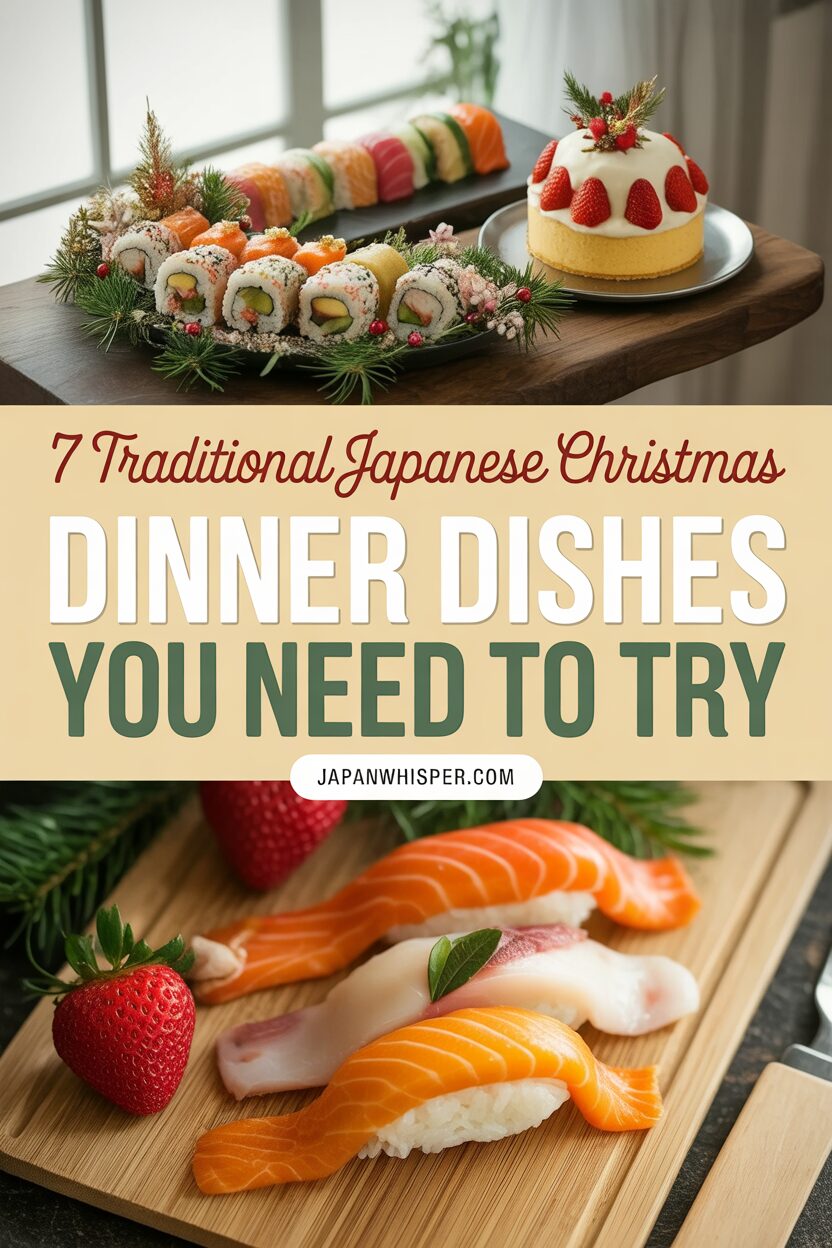 A variety of sushi rolls, a strawberry shortcake, and assorted nigiri are displayed on wooden boards with festive garnishes for Japanese Christmas dinner.