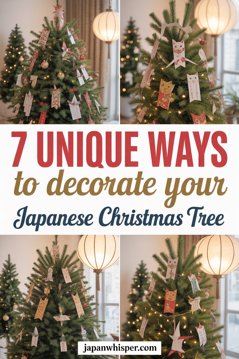 A collage shows a Christmas tree decorated with Japanese-themed ornaments and a large text overlay reading “7 Unique Ways to Decorate Your Japanese Christmas Tree.”.