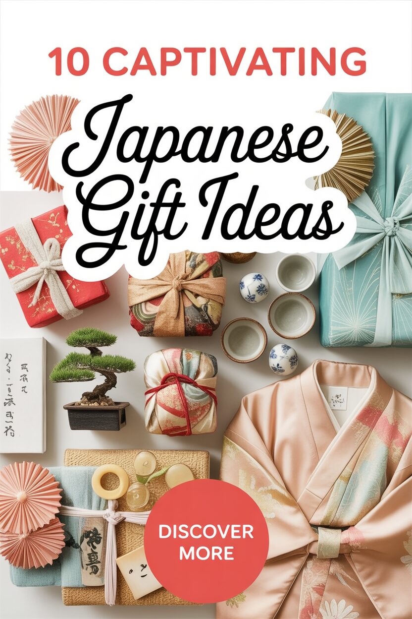Assorted Japanese gifts including wrapped boxes, a kimono, tea cups, a bonsai tree, and decorative fans, arranged neatly with text reading "Japanese Gift Ideas.