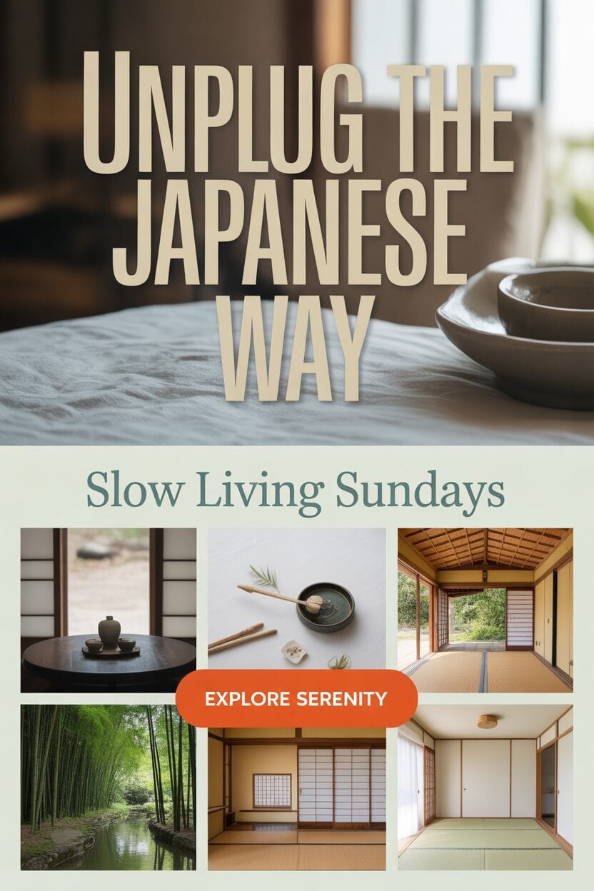 A promotional poster for “Unplug the Japanese Way” featuring serene minimalist rooms, bamboo forest, and tea set with the text “Slow Living Sundays” and an “Explore Serenity” button.