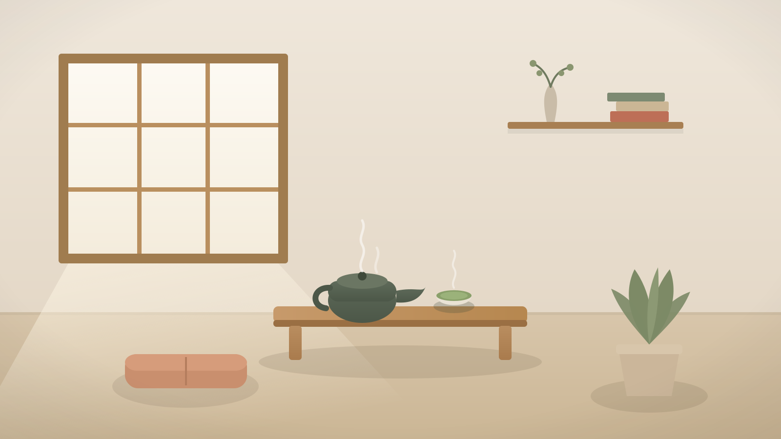 Minimalist room with a window, low table holding a teapot and cup, a cushion, potted plant, and a wall shelf with books and a vase. Sunlight shines through the window.