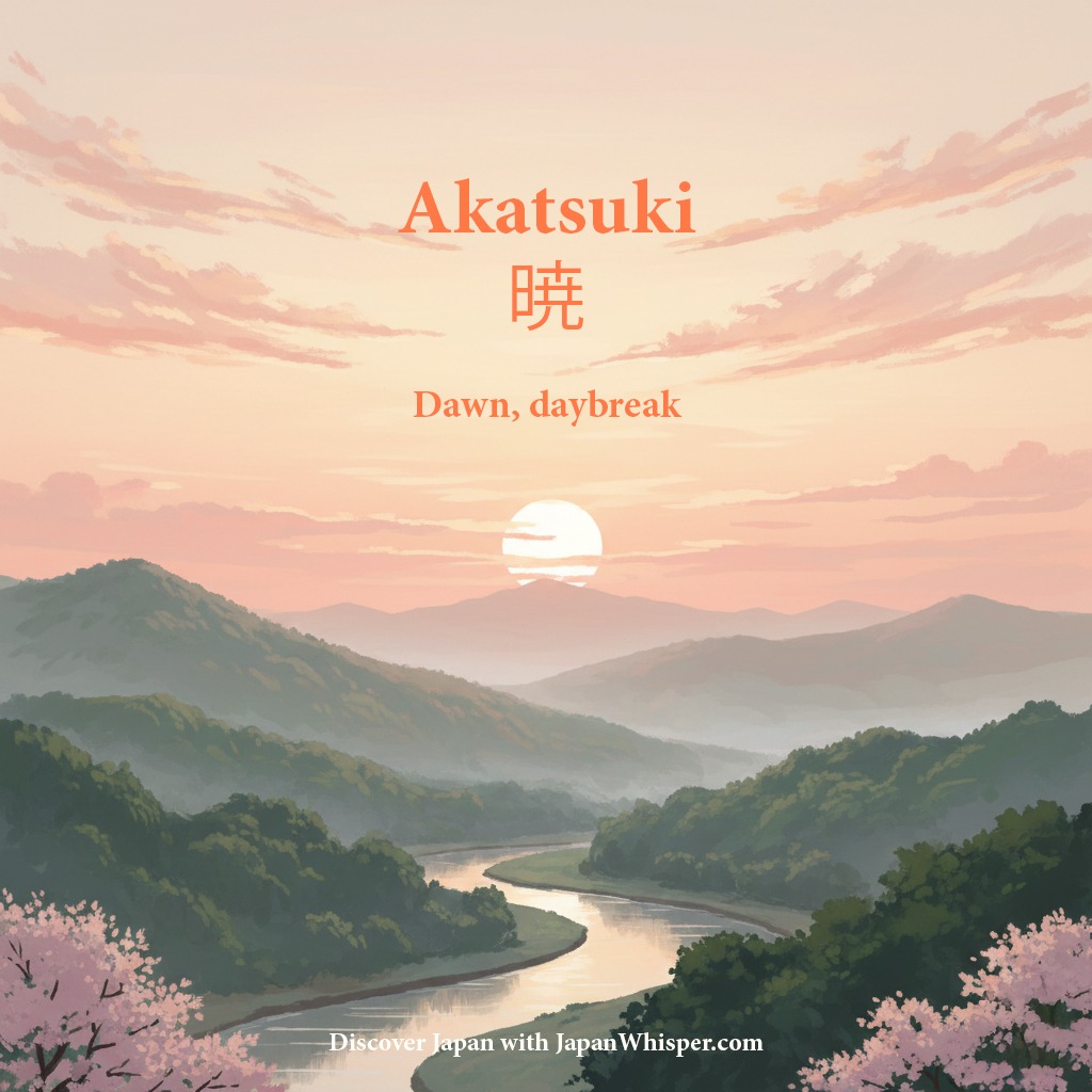 Illustration of a river winding through green hills at sunrise, with soft pink clouds in the sky. Text reads “Akatsuki 暁 Dawn, daybreak.”.
