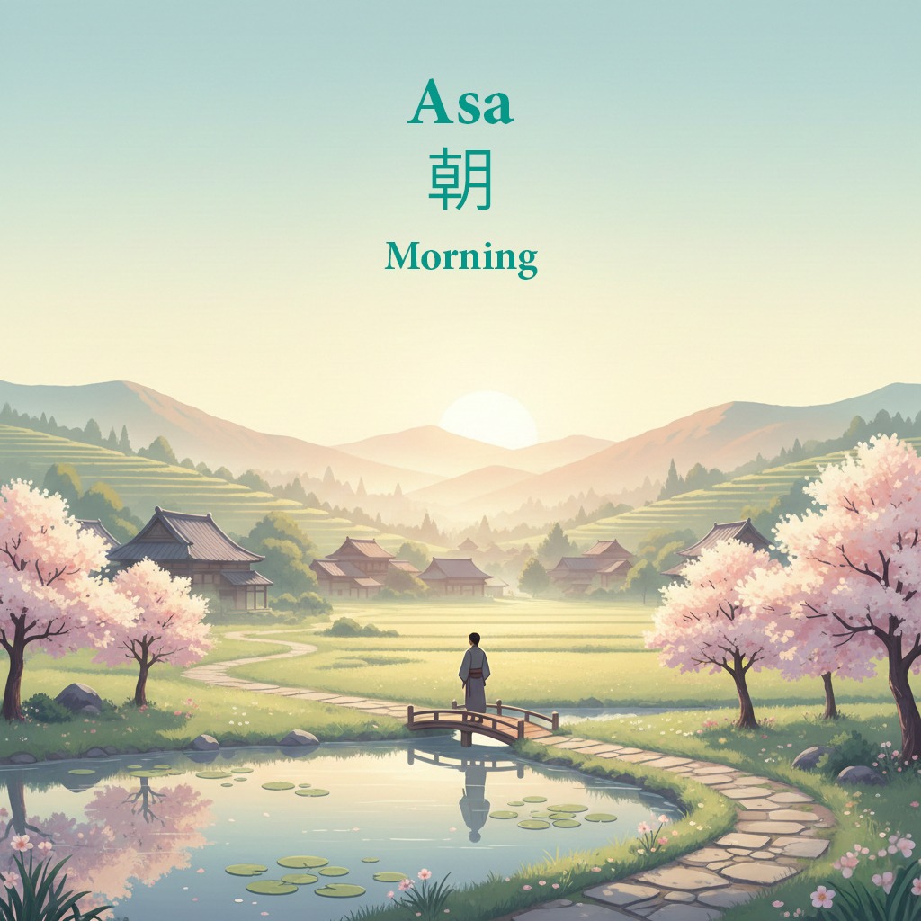 A person stands on a small bridge over a pond in a serene Japanese village at sunrise, surrounded by cherry blossoms, with "Asa," "朝," and "Morning" written above.