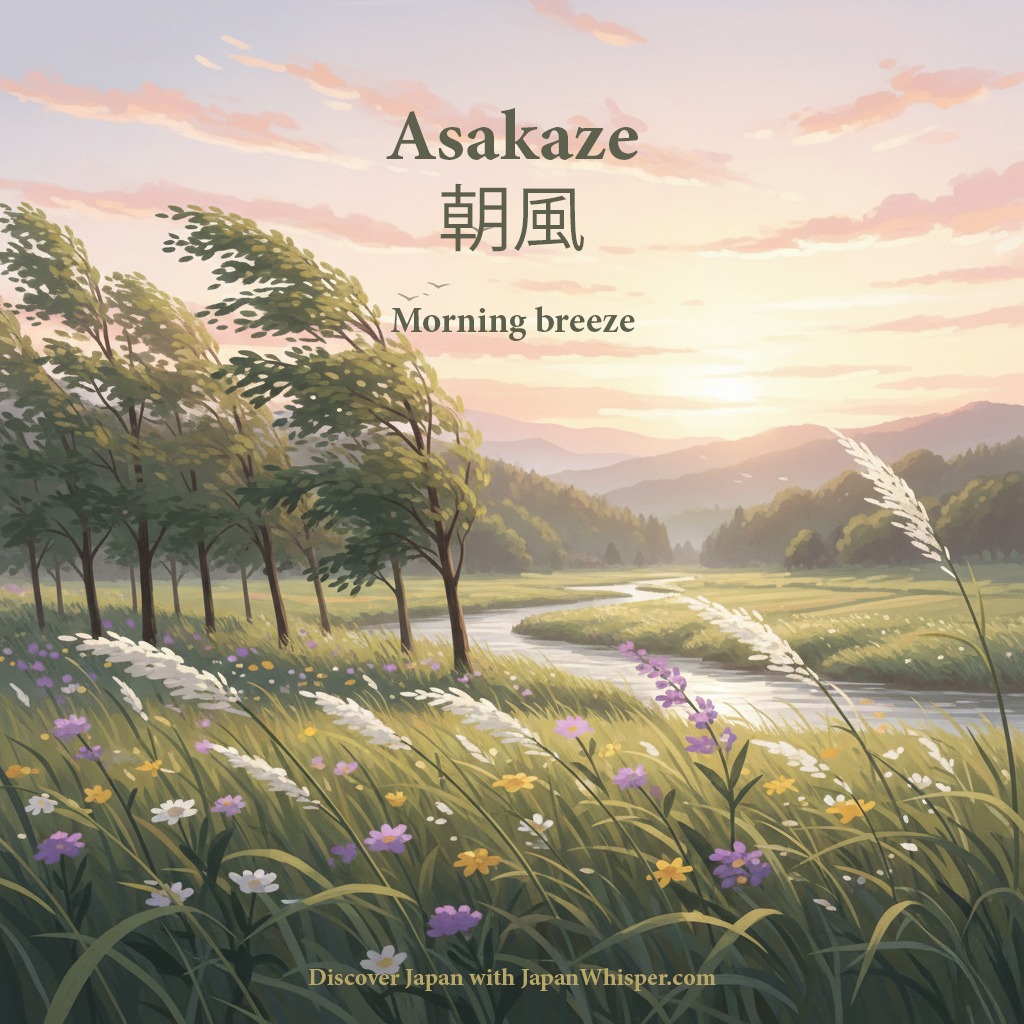 A serene landscape with a river, wildflowers, and trees bending in the breeze at sunrise, with the words "Asakaze 朝風 Morning breeze" displayed.