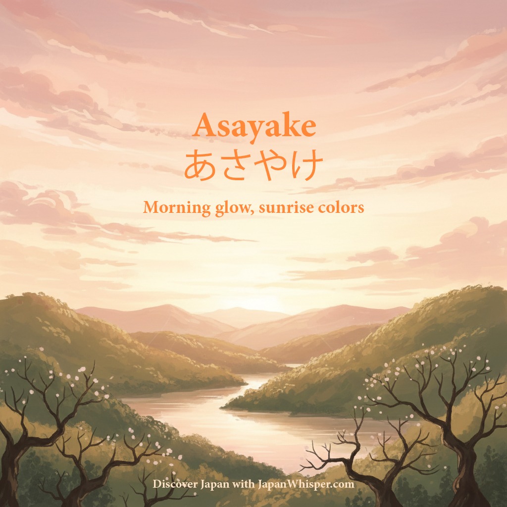 Illustration of a sunrise over mountains and a river, with soft golden and pink hues. Text reads: "Asayake, Morning glow, sunrise colors." Blossoming trees in the foreground.